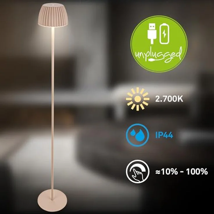 BRILONER - Riffle LED Stehlampe kabellos IP44 mit Touch, 19x124 cm, dimmbar, Memoryfunktion, Akku tauschbar, Akku Stehleuchte, Leselampe, Wohnzimmerlampe, German Design Award Winner 2025, Beige – Bild 4