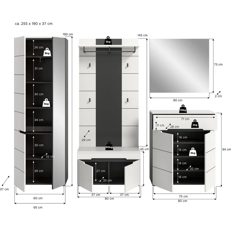 Garderobenkombination (B/H/T: 255x190x37 cm) in weiß Nachbildung – Bild 4