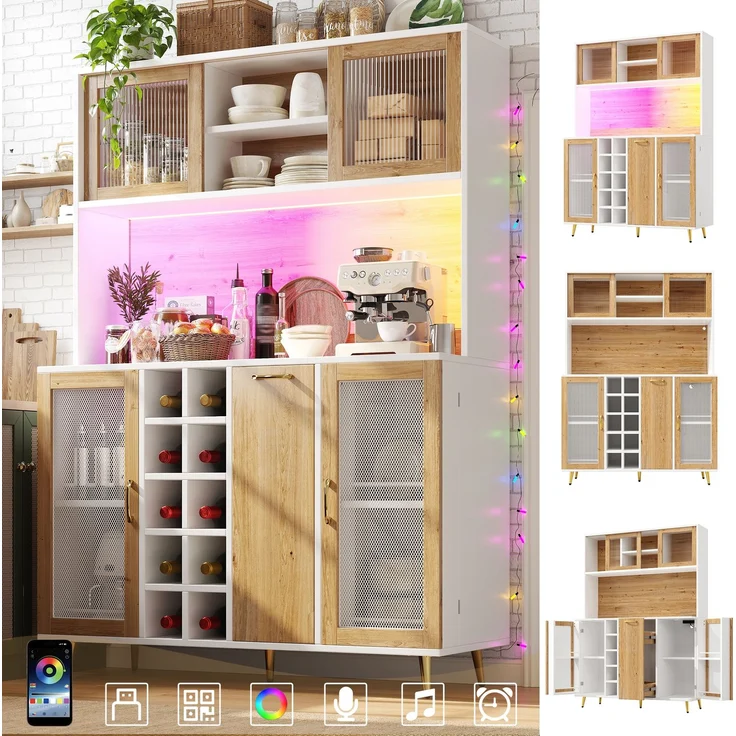 Seitenboard / Aufbewahrungsschrank / Multifunktions-Küchenschrank / Buffetschrank, 120x40x170cm, mit LED-Beleuchtung, Weinregal & Snackregal, 5 Türen, integrierte Steckdose, Weiß mit Holzoptik – Bild 2