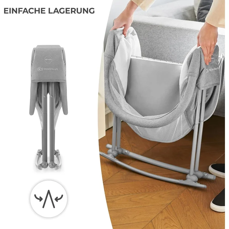 Kinderkraft Kinderbett 3 in 1 LOVI, Kinderreisebett, Stubenwagen, Babywiege, Baby Wippe, Zusammenklappbar, Einfach Transport, mit Zubehör, Tasche, Moskitonetz,von Geburt bis 9 kg, Grau – Bild 4