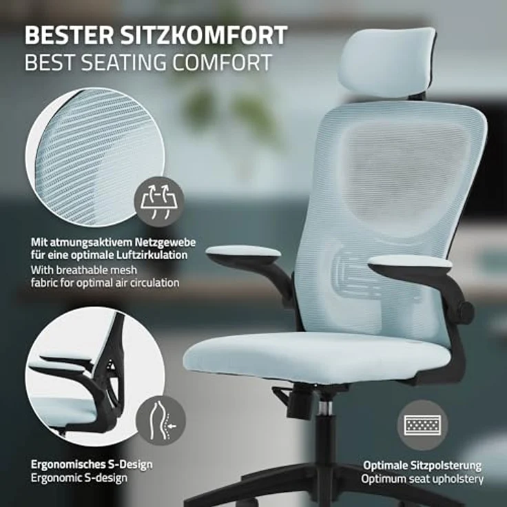 ML-DESIGN Bürostuhl Schreibtischstuhl ergonomisch mit verstellbarer Kopfstütze, Armlehnen, Drehstuhl mit Rollen Blau Computerstuhl Chefsessel Gaming-Stuhl – Bild 8