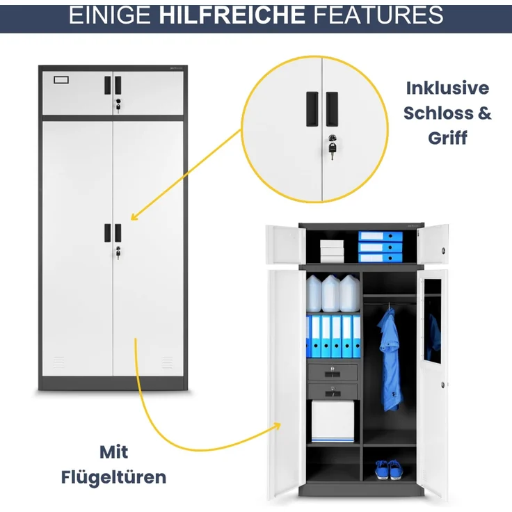 Mehrzweckschrank Metall mit Erweiterung GINA - 185 x 90 x 50 cm Anthrazit-Weiß | Büroschrank Spind Stahlschrank Archivschrank Aktenschrank Metallschrank – Bild 5