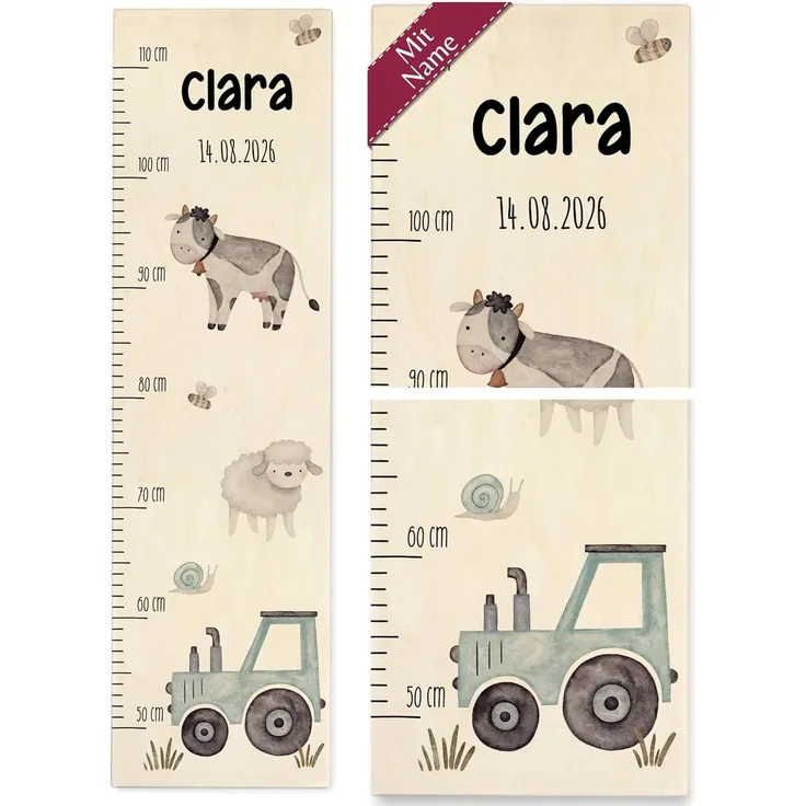 Messlatte - Bauernhof mit Tieren Traktor Name und Datum Geschenk Landwirtschaft Bauern Kinder - 50-110 cm - Holz - kind traktoren