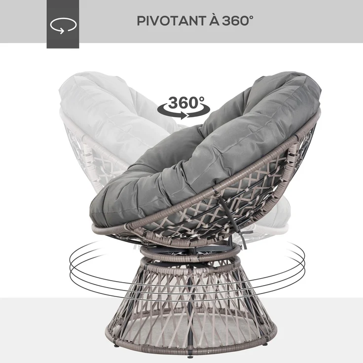Runder Garten-Sessel, drehbarer Papasan-Sessel, Ø 97 x 86H cm, großes Kissen im Lieferumfang enthalten, Polyester-Geflecht – Bild 6