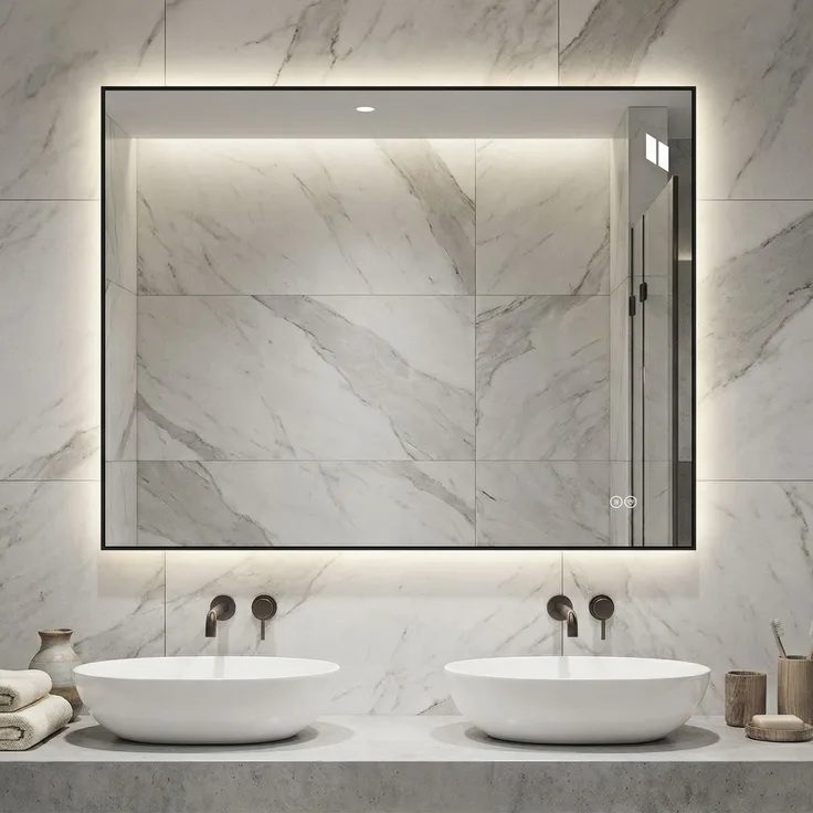 LED-Badezimmerspiegel 70 x 90 x 2.5 cm aus Glas mit Anti-Beschlag-Funktion und dimmbarem Licht