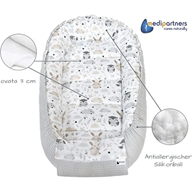 Medi Partners Babynest Kuschelnest Babynestchen 100% Baumwolle Waffle Nestchen Reisebett für Babys Säuglinge 100 x 60 x 15 cm Sicherer Verschluss (Lichtung mit Grauer Waffle) – Bild 9