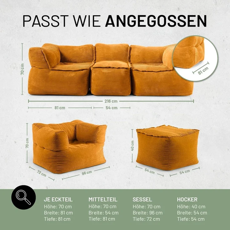 Lumaland Modulares Basic Set - Cord-Reihe | Indoor Sitzsäcke mit Softer Struktur, ideal Sofa Modulen & zum Pouf | Bean Bag mit Füllung - für Wohnzimmer & Co. – Bild 3