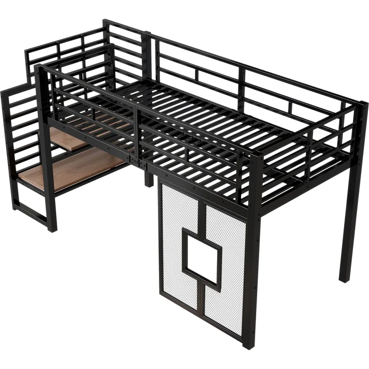U-life Metall-Hochbett 90x200 cm mit Stauraumtreppe, LED-Beleuchtung und Fenster, Schwarz – Bild 6