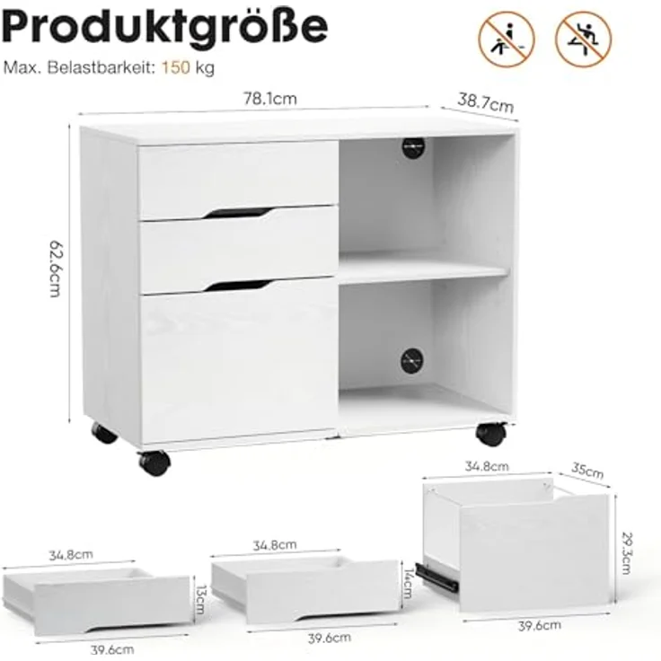 Sweetcrispy Rollcontainer mit 3 Schubladen,Aktenschrank und Druckerschrank mit Rollen,offene Ablage,höhenverstellbarer Einlegeboden,Hängeregistratur A4/Letter/Legal,80 x 40 x 62 cm,Weiß,für Büro Zuhause – Bild 3