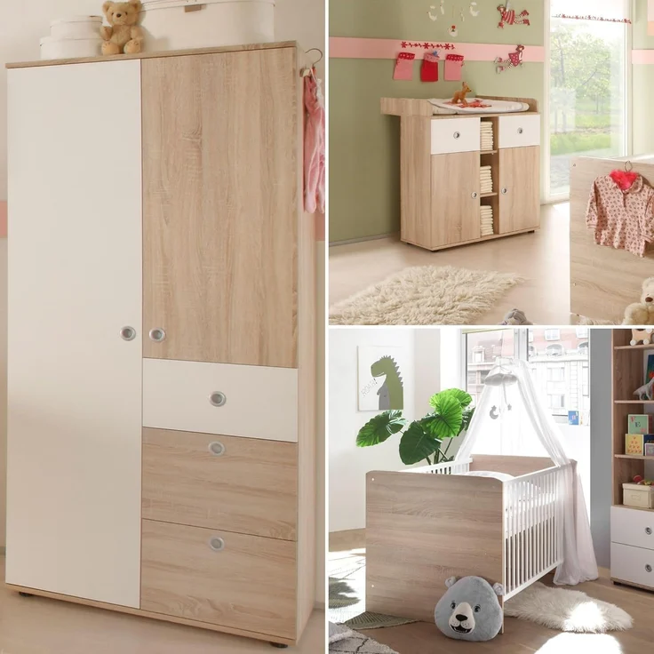 WIKI Babyzimmer Komplett-Set in Eiche Sonoma Optik / Weiß - Babyzimmer Möbel-Set 3-teilig bestehend aus Kleiderschrank, Babybett & Wickelkommode – Bild 6
