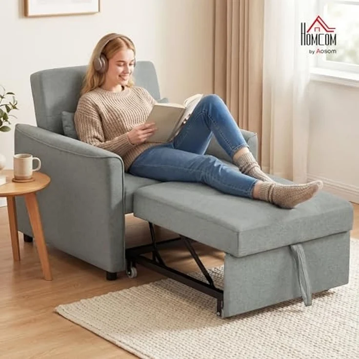 HOMCOM Schlafsofa mit Verstellbarer Rückenlehne, Breiter Sitzfläche, Lendenkissen, Umwandelbarer Sessel mit Bettfunktion 1 Teile, für Wohnzimmer, Wohnung, Grau – Bild 2