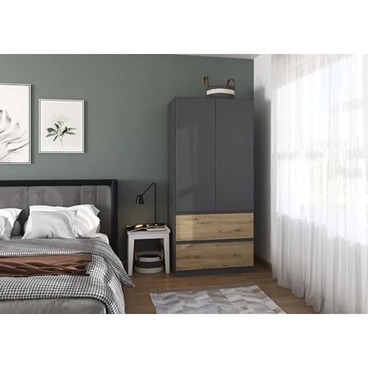 Rauch Möbel Costa, Kleiderschrank für Schlafzimmer, Kinderzimmer, Babyzimmer, Garderobe, Flur, 2-türig, 2 Schubladen, Push-to-Open, mit Zubehör Classic, Farbe Grau metallic, Schwarz, Breite 91 cm – Bild 2