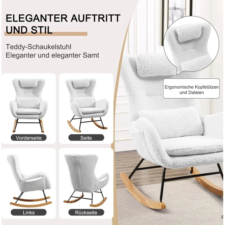 Schaukelstuhl aus Teddy-Velours mit Polsterung & Schaukelmechanik, 45x85x95 cm, Weiß – Bild 7