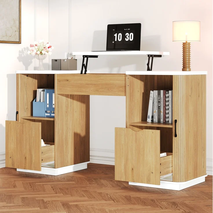Büromöbel-Set aus MDF mit Schreibtisch und Aktenschrank, Klappfach, Tischfläche 140x50 cm, Weiß/Eiche – Bild 2
