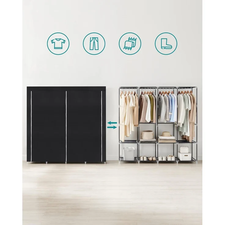 SONGMICS Stoffschrank, Kleiderschrank, 45 x 170 x 167 cm, 4 Hängefächer, mit Ablagen, 4 Seitentaschen, viel Platz, für Schlafzimmer, Wohnzimmer, schwarz RYG094B02 – Bild 3