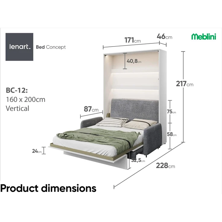 MEBLINI Schrankbett BC-12 - 160x200cm Vertikal - Weiß Hochglanz/Dunkelgrau mit Matratze - mit Sofa - Wandbett mit Lattenrost - Klappbett mit Schrank - Wandklappbett - Murphy Bed – Bild 7