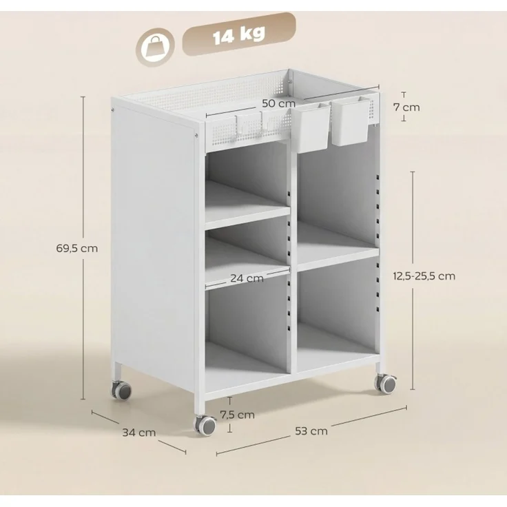 Bücherregal aus Metall auf Rollen mit verstellbaren Böden, 53x34x69,5 cm, Weiß – Bild 2