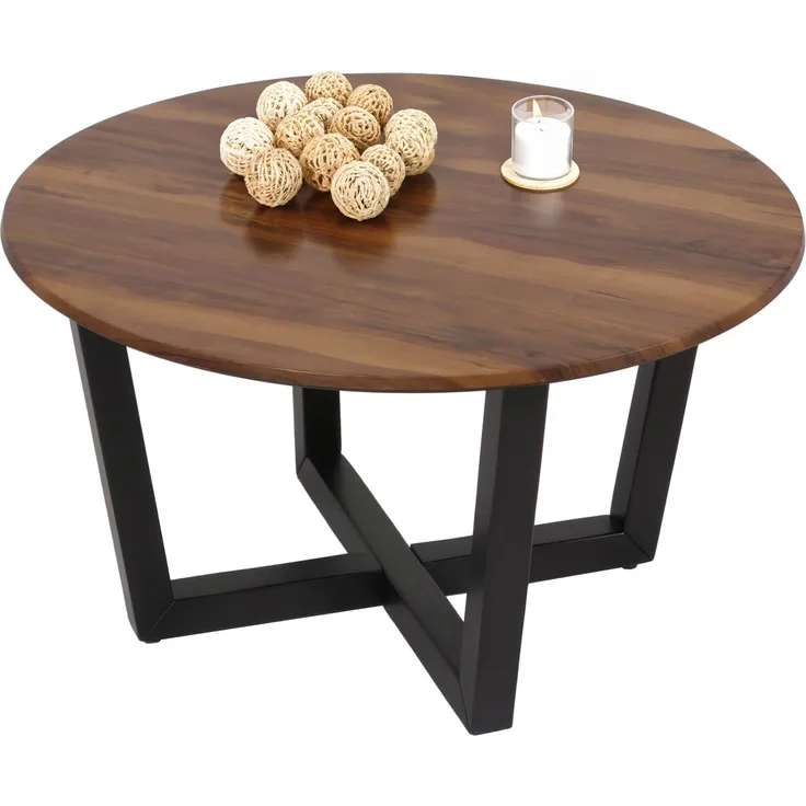Couchtisch HWC-M61, Beistelltisch Sofatisch, Massiv-Holz HPL Laminat Melamin Ø80cm, Sheesham Holz-Optik, dunkles Gestell