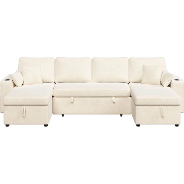 Merax U‑förmiges Ecksofa mit Schlaffunktion, ausziehbares Schlafsofa, integrierter Stauraum, doppelte Chaiselongue mit verstecktem Stauraum, Becherhalter, USB‑Ladeanschluss und Armlehnen‑Ablage, Beige – Bild 9