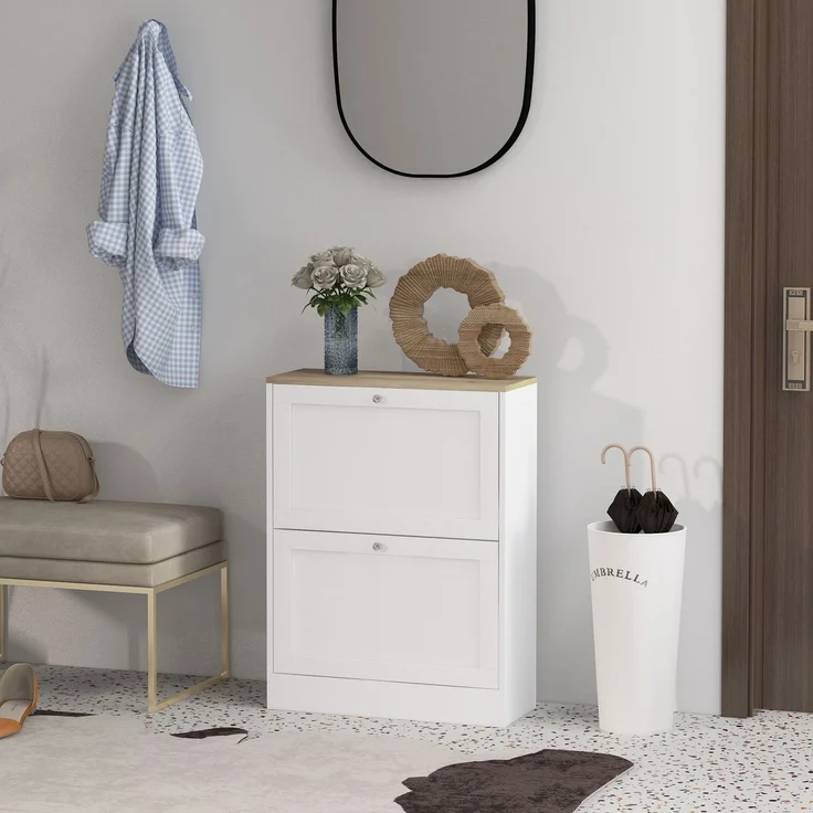 Wohnora-Schuhschrank für 12 Paar Schuhe, Garderobenschrank mit 2 Klappschubladen und verstellbaren Einlegeböden, 60 x 23,5 x 80 cm, weiß,H 800cm x T 600cm x B 235cm,Spanplatte – Bild 3