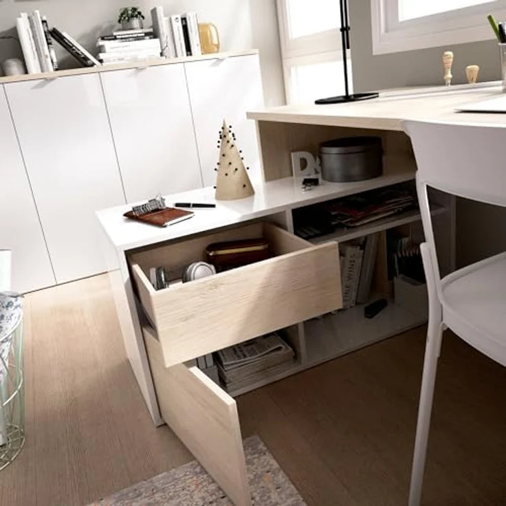 Dmora - Gardena-Schreibtisch, Schreibtisch mit Mehreren Positionen für das Büro oder Schlafzimmer, Mehrzweck-Ecktisch, 139 x 92 x 75 cm, Weiß und Eiche – Bild 6