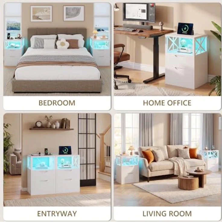 Feonase Nachttisch, Beistelltisch mit Schublade, Nachtschrank mit 2 Schubladen und 1 Fach, Nachttische mit LED-Beleuchtung, 2 AC-Steckdosen und 2 USB-Anschlüssen, für Schlafzimmer, Wohnzimmer, Weiß – Bild 8