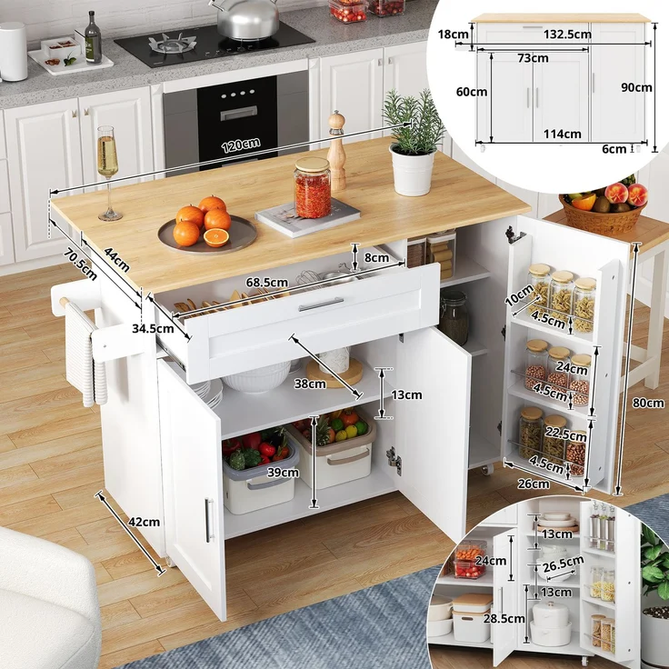 132.5*44(70)*90cm großer mobiler Küchentisch, Arbeitsplatte klappbar, Eiche Maserung, multifunktionaler Schrank, Gewürzregal, Handtuchhalter, 5 Rollen, geeignet für Küche/Essen/Haus – Bild 7