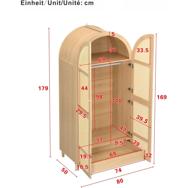 DESVIAE Garderobenschrank mit Rattantüren und Schubladen 80x179x50 cm MDF/Spanplatte Natur – Bild 10