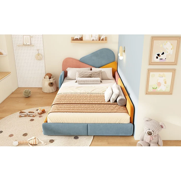 TavilaEcon Polsterbett Weiches Bodenbett mit gepolstertem Kopfteil & Fallschutz Blau+Pink+Orange Liegefläche 140 × 200 cm – Bild 10