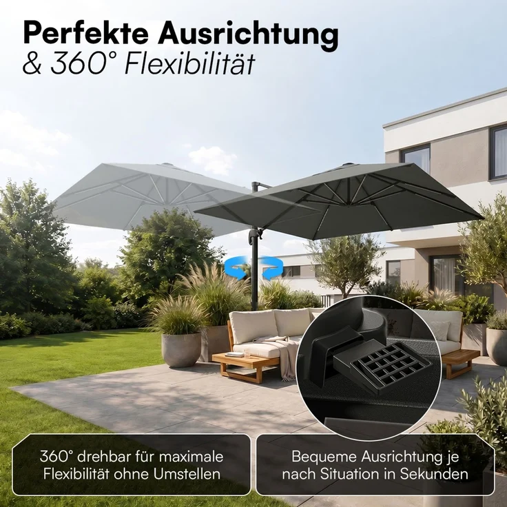 STEELSØN 'Elaris' Premium Sonnenschirm 300x300 cm quadratisch mit LED, neigbar und 360-Grad drehbar, anthrazit, Ampelschirm inkl. Hülle, extrem robuste Metall-Stange, 220 g/m² Polyester, UV50+ – Bild 3