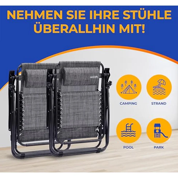 SereneLife Sonnenliege Klappbar 2er Set, Zero Gravity Liegestuhl Garten, bis 120 kg Grau, Verstellbar und Wetterfest, mit Tisch Getränkehalter und Kopfkissen, für Balkon Terrasse Camping Strand Relax – Bild 6