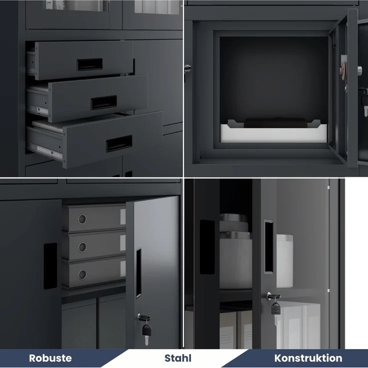Vitrinenschrank abschließbar GEDO - mit Tresor & Schubladen| Büroschrank aus Stahl Aktenschrank mit Glasfenster Metallschrank Mehrzweckschrank, 185x90x40cm Anthrazit – Bild 4