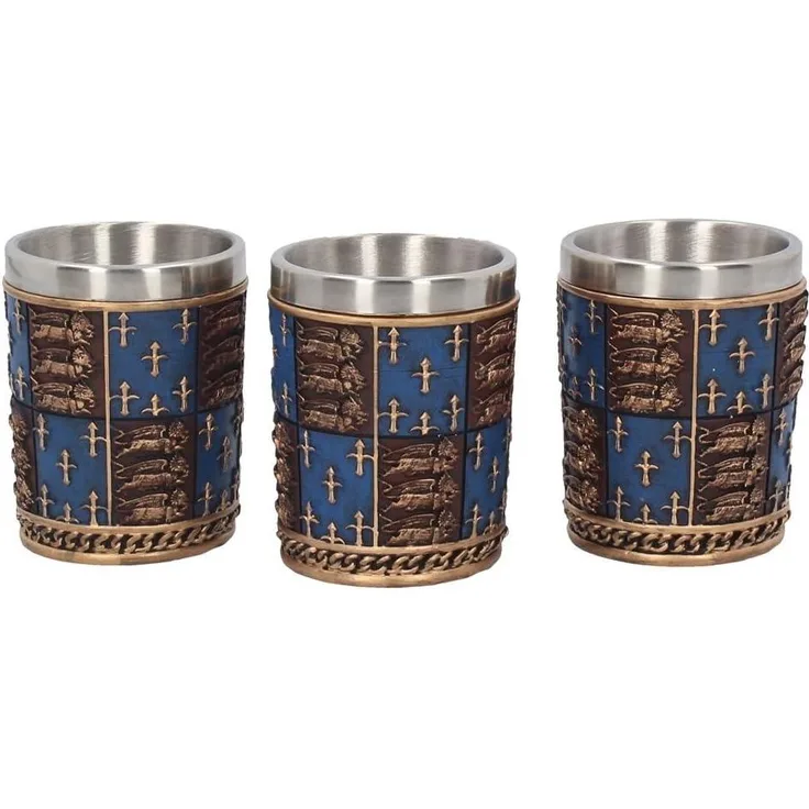 Nemesis Now B3710K8 Medieval (Set of Four) Shot Glasses 12cm Blue Schnapsgläser, mittelalterlich, 12 cm, Blau, 4 Stück, Harz mit Edelstahleinsatz