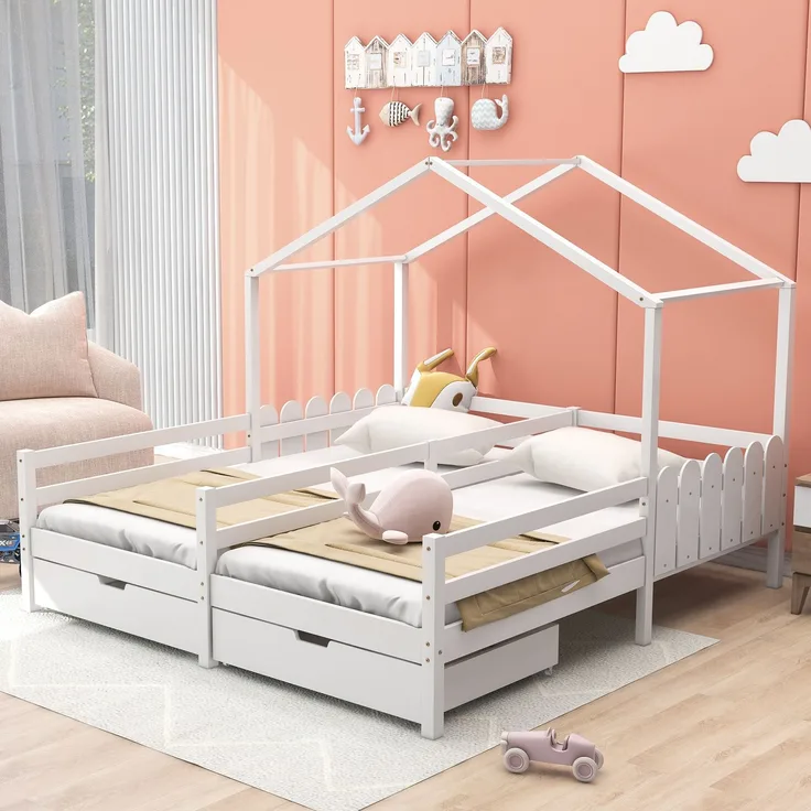 U-life Hausbett 90x200 cm, Doppelbett und Kinderbett, mit geteiltem Mittelzaun, 2 MDF-Schubladen und Sicherheitsgeländer, Kiefernholz, Weiß