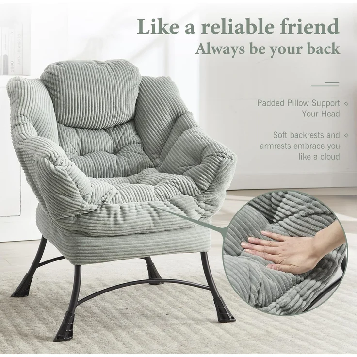 LVHOM Relaxsessel mit Hocker, Loungesessel mit Seitentasche, Lesesessel aus Cordstoff, bequem gepolstert, Metallgestell, bis 180kg belastbar, Hellgrün – Bild 8