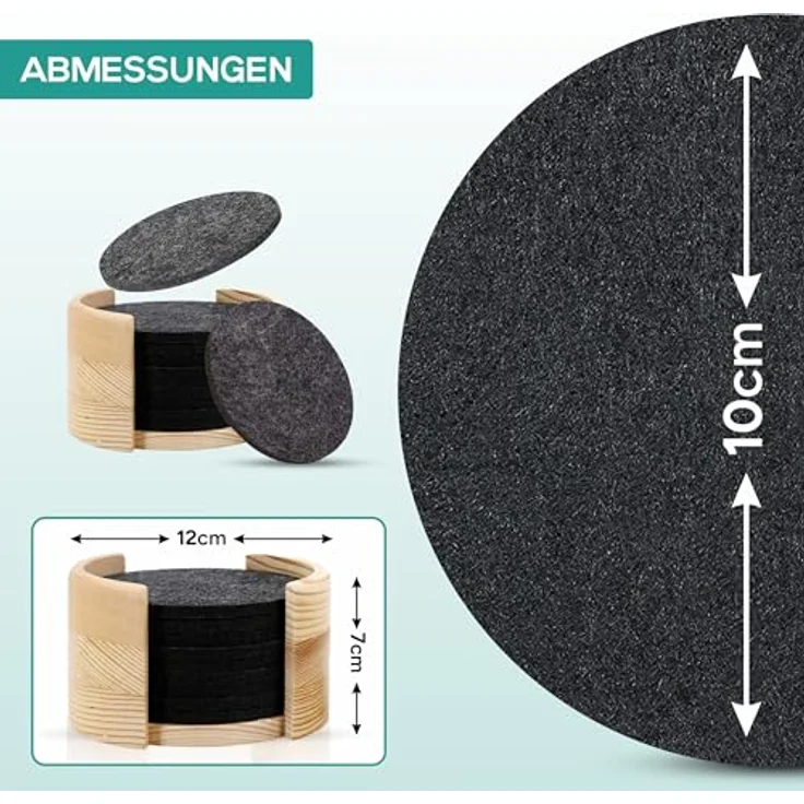 wortek Getränkeuntersetzer Filz-Untersetzer 10 Stück + Box, Anthrazit, Zubehör für Tisch & Gläser, Tassen, Bar, Glasuntersetzer Ø 10 cm inkl. Holzhalterung, waschbar – Bild 3