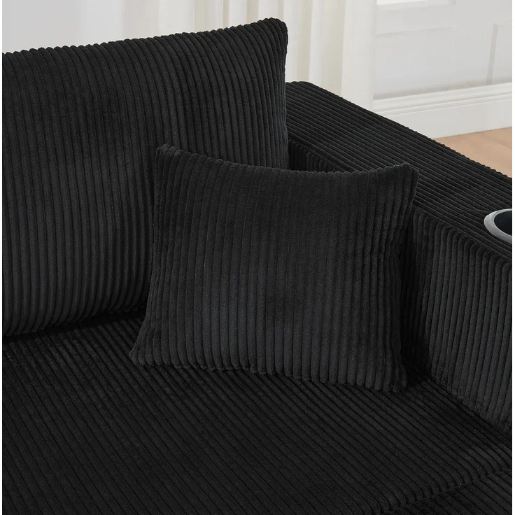 3-Sitzer Ecksofa aus Cordstoff mit beweglichen Ottomanen, Getränkehaltern und Seitentaschen, 230×138×75 cm, Schwarz – Bild 9