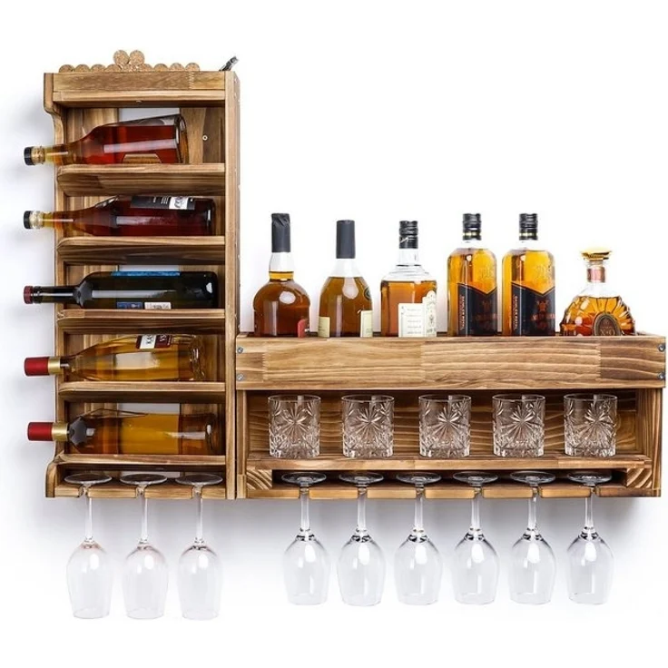 Yorbay Weinregal Weinregal aus Holz, Wandbar mit Korkhalter, Holzregal für Weingläser, Whiskygläser, Wandmontage Wand Flaschenhalter Vintage Stil für Hausbar – Bild 4