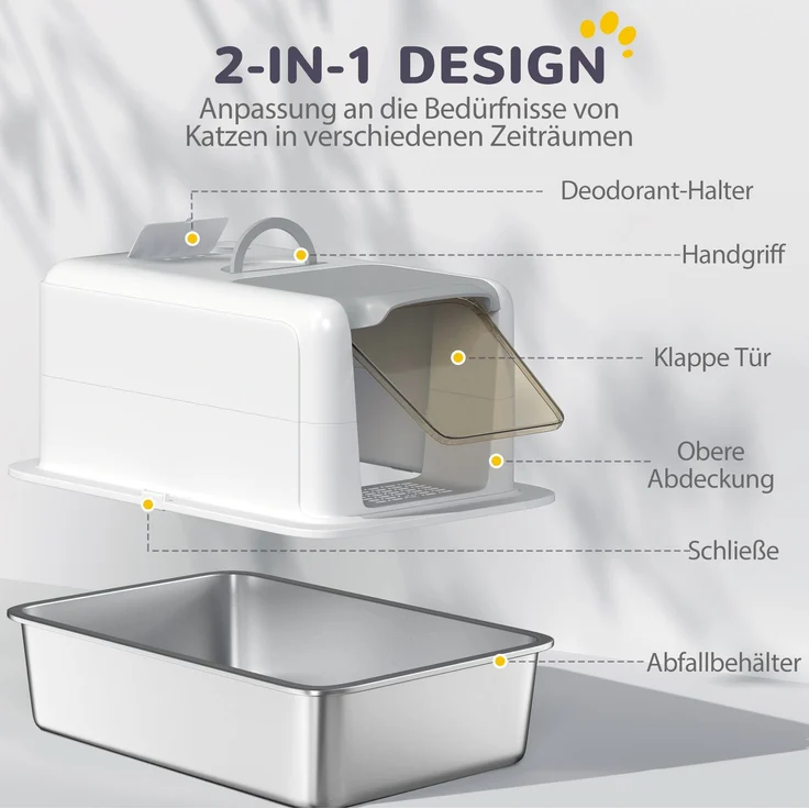 Katzentoilette mit Edelstahlwanne, Deckel & Streufilter, 40,5x60,5x41,5 cm, Weiß – Bild 4