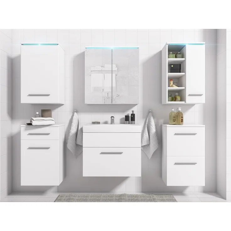 Badmöbel Set 7-Tlg Weiss matt MAXI inkl. Waschtisch inkl. LED