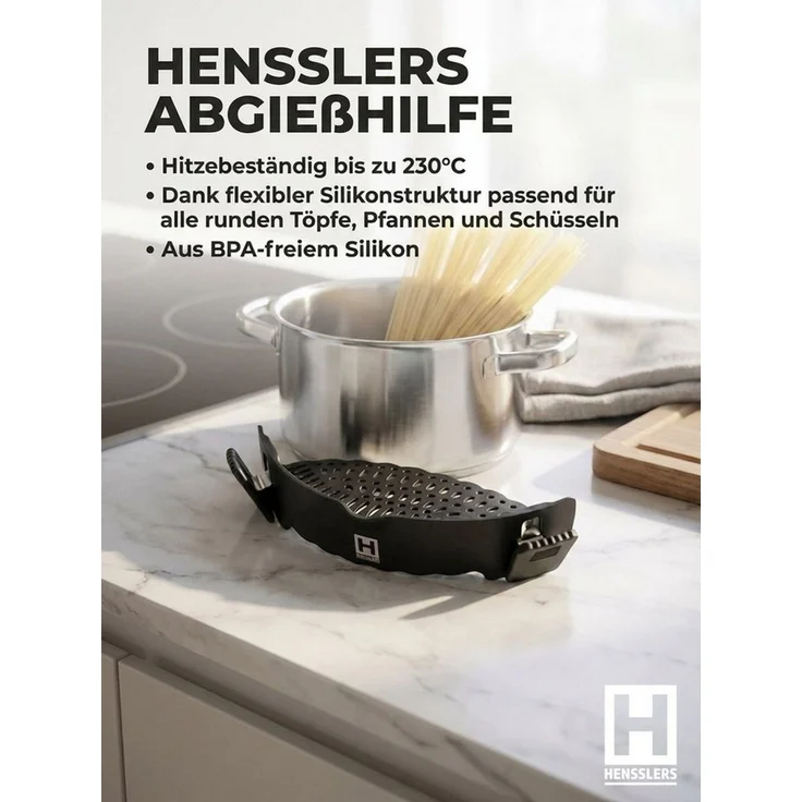 HENSSLERS Servierpfanne Premium, Pfanne Glasdeckel, inkl. Abgießhilfe & Grillzange - 4tlg, Edelstahl 18/10 (Set, 4-tlg) – Bild 3
