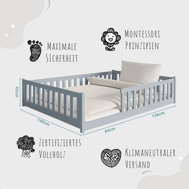 Kids Collective Kinderbett Bodenbett Bett mit Rausfallschutz & Lattenrost Montessori Bett Kinder (Jungen, Mädchen, Kinder, weitere Größen 80x160, 80x180, 90x190, 90x200, 120x200 cm), Jugendbett Gitterbett Einzelbett, Aschgrau Kiefer 140x200 cm – Bild 3