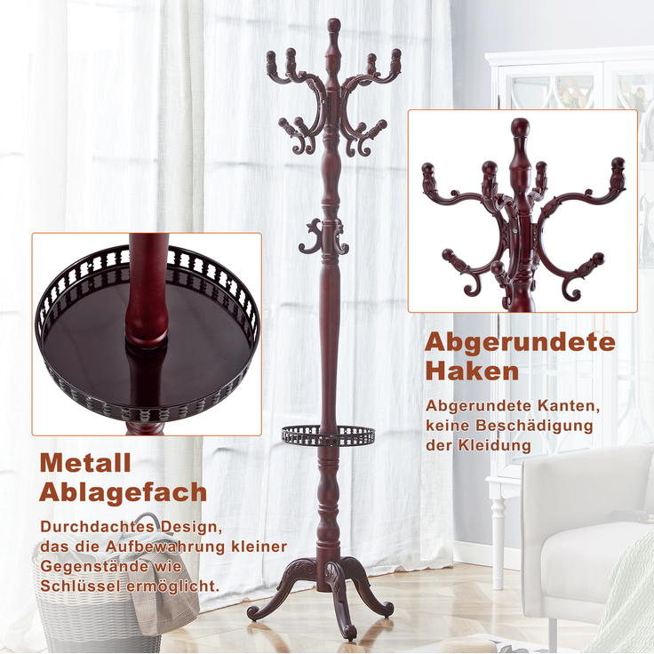 Kleiderständer 195 cm hoch, Ø 31 cm, Standfuß 48 cm – Massivholz in Nussbaumoptik mit mehreren Haken – Bild 7