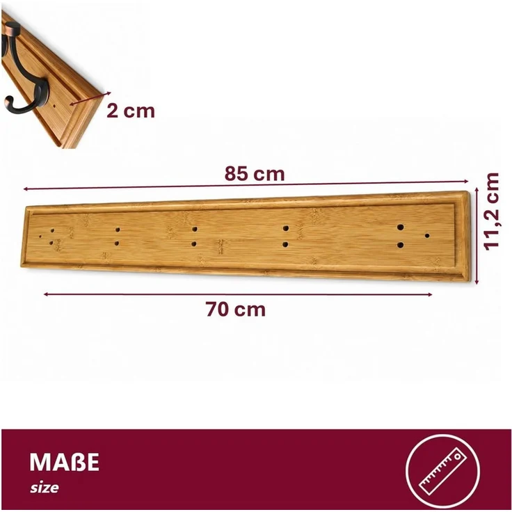 HOOZ Garderobenleiste Bambus – Wandgarderobe mit Metallhaken Natur, 5 Designhaken 85 cm (Einzelartikel, 1 Wandhakenleiste), FSC-zertifizierter Bambus, Garderobenleiste mit Metallhaken – Bild 2