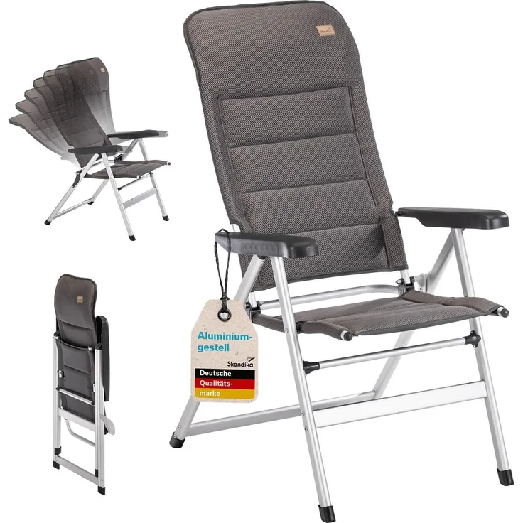 Skandika Campingstuhl Alu-Hochlehner Lepola, Gartenstuhl faltbar, klappbar aus Aluminium, 7-Fach verstellbare Rückenlehne, gepolstert, hohe Lehne, Kopfstütze