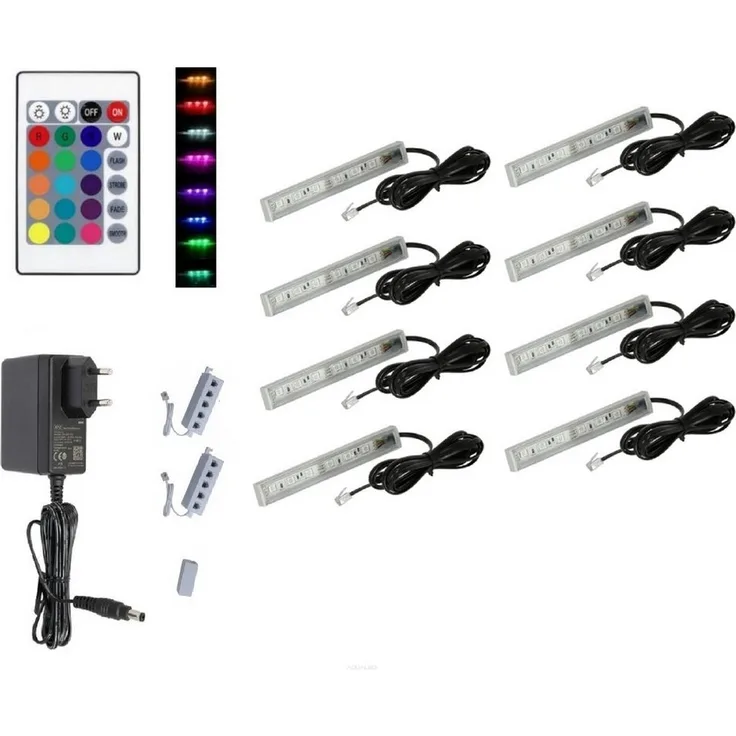 QLS LED Unterbauleuchte RGB 12V 2-8 Stück Schwarz, LED fest integriert, Glasbodenbeleuchtung Lichtleiste Fernbedienung 16 Farben Dimmbar