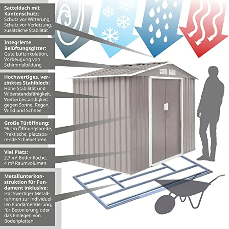 HATTORO S100 XL Metall Gartenhaus, Geräteschuppen,Hellgrau, 213 × 127 × 185 cm – Bild 5