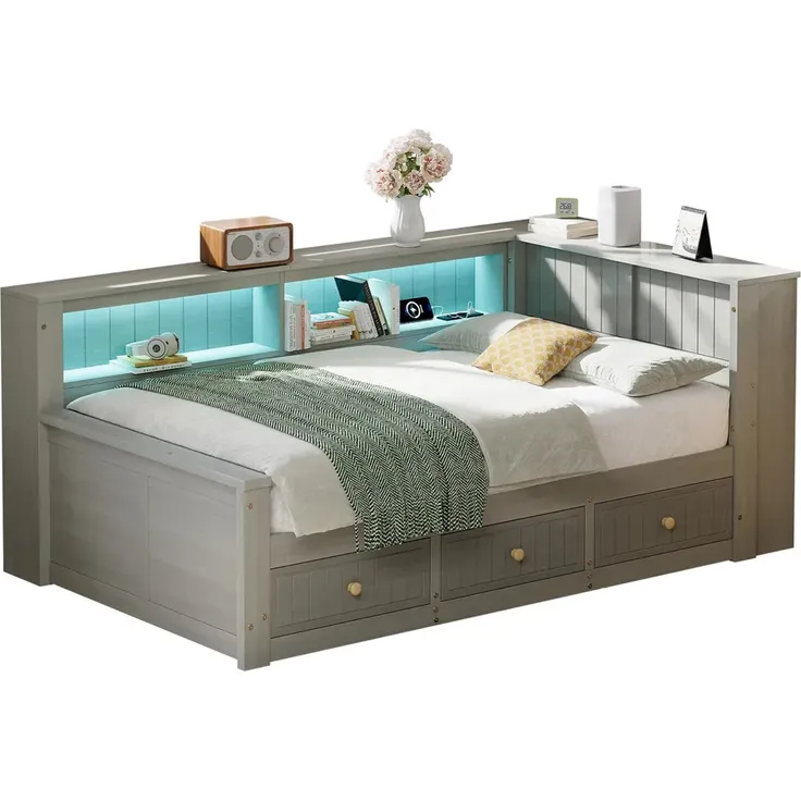 Stauraumbett, 90x200cm, Schlafsofa mit LED-Beleuchtung, Lattenrost, Schubladen, Regal, Steckdose, USB/Type-C, Holzbett, Jugendbett, Einzelbett – Bild 6
