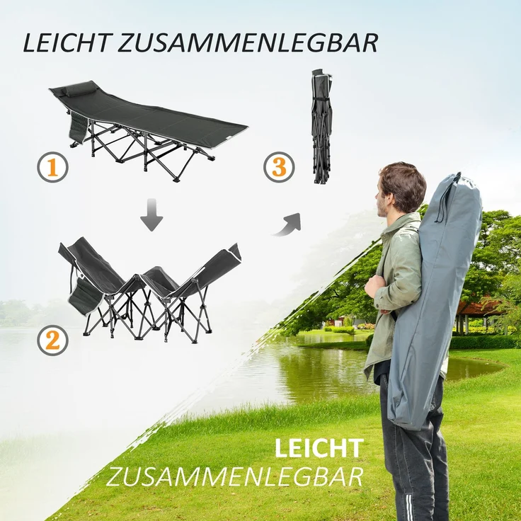 Campingbett, klappbares Feldbett mit Kopfkissen, 188 x 64,5 x 53 cm, Dunkelblau+Grau--Dunkelblau+Grau--53x64.5x188cm--YOUDENOVA – Bild 8