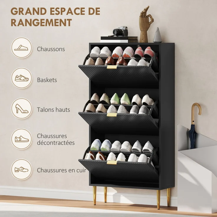Schuhschrank für 18 Paar Schuhe mit 3 Klappschubladen, geriffelten Türen und verstellbaren Einlegeböden, 60 x 24 x 122,5 cm, schwarz – Bild 7